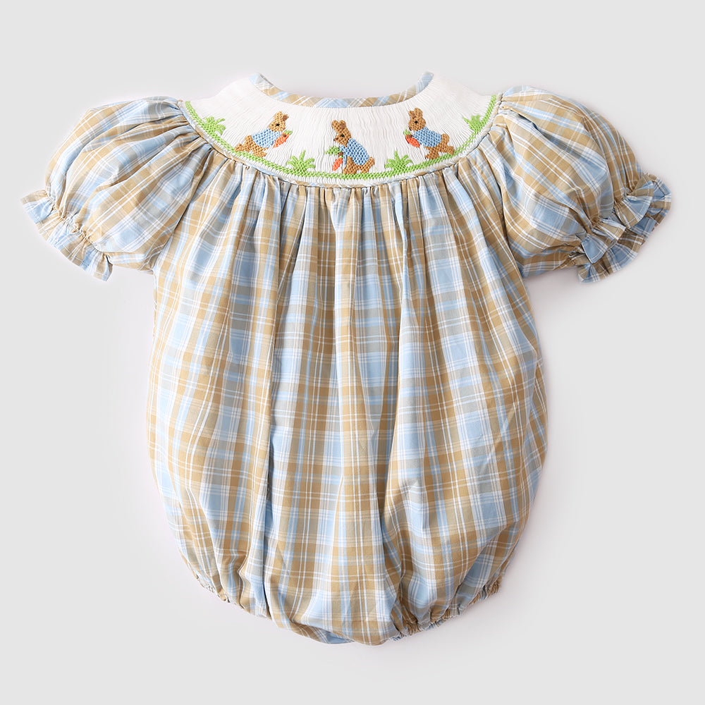 Handsmocked Baby girl bubble with cute bunny and carrot