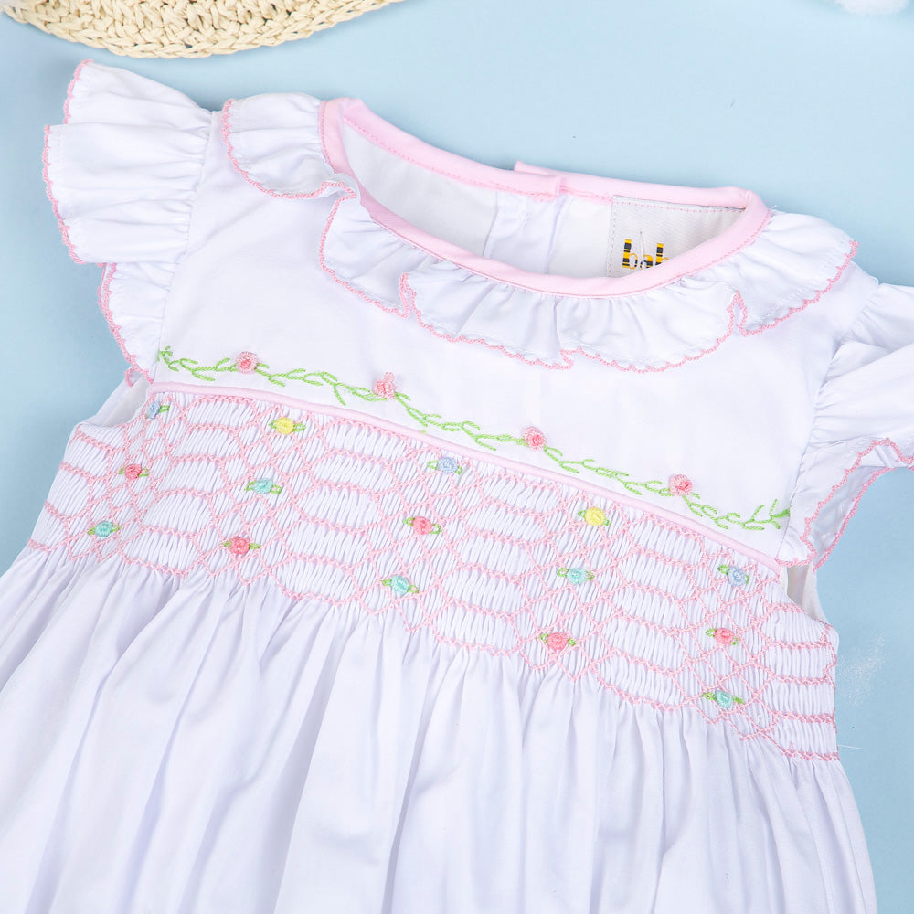 Geometric handsmocked white floral baby bubble