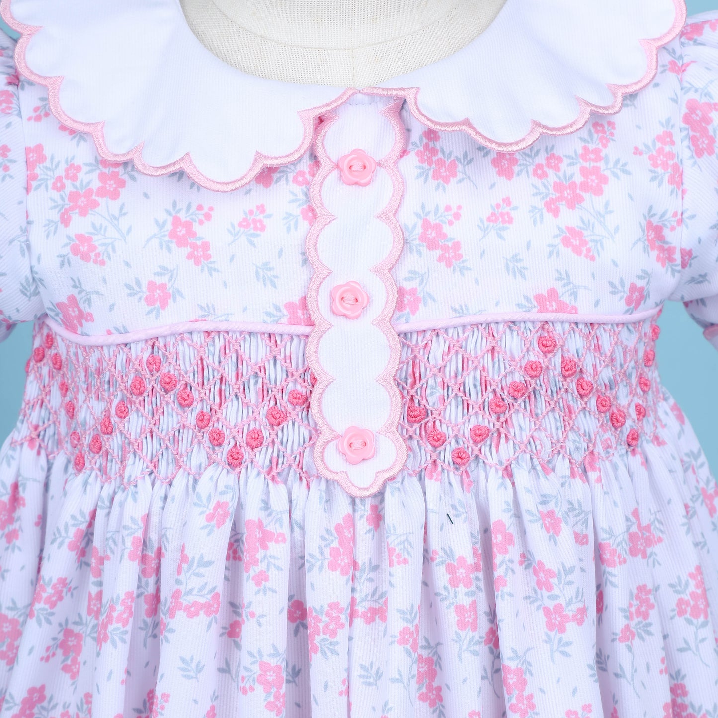 Hand smocked Pink Floral 3 Button Dress