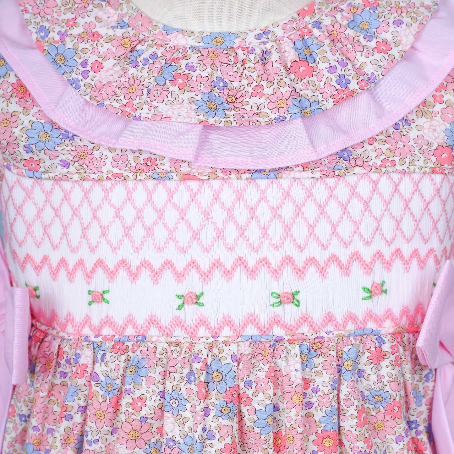 Smocked Floral Dress Pink Accent 2 Bows