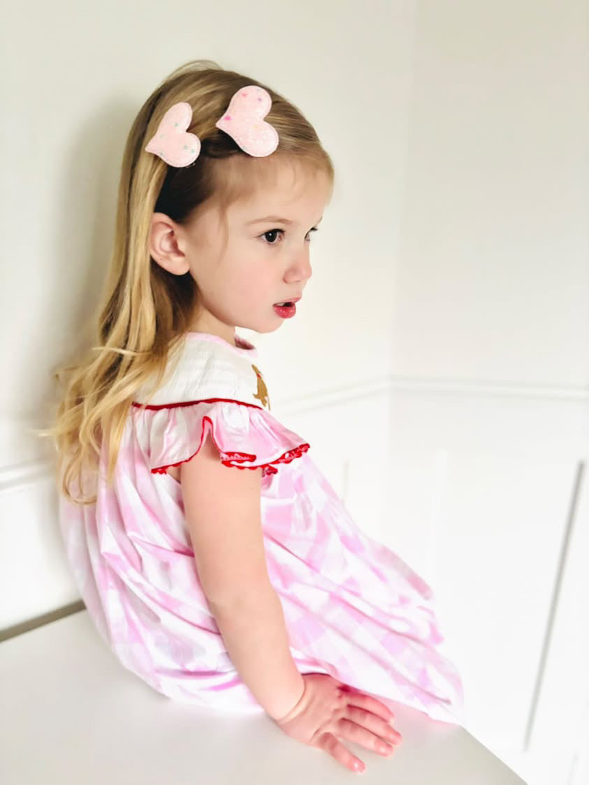 GIRLS SMOCKED DOG XOXO CHECK DRESS-Pink and Red