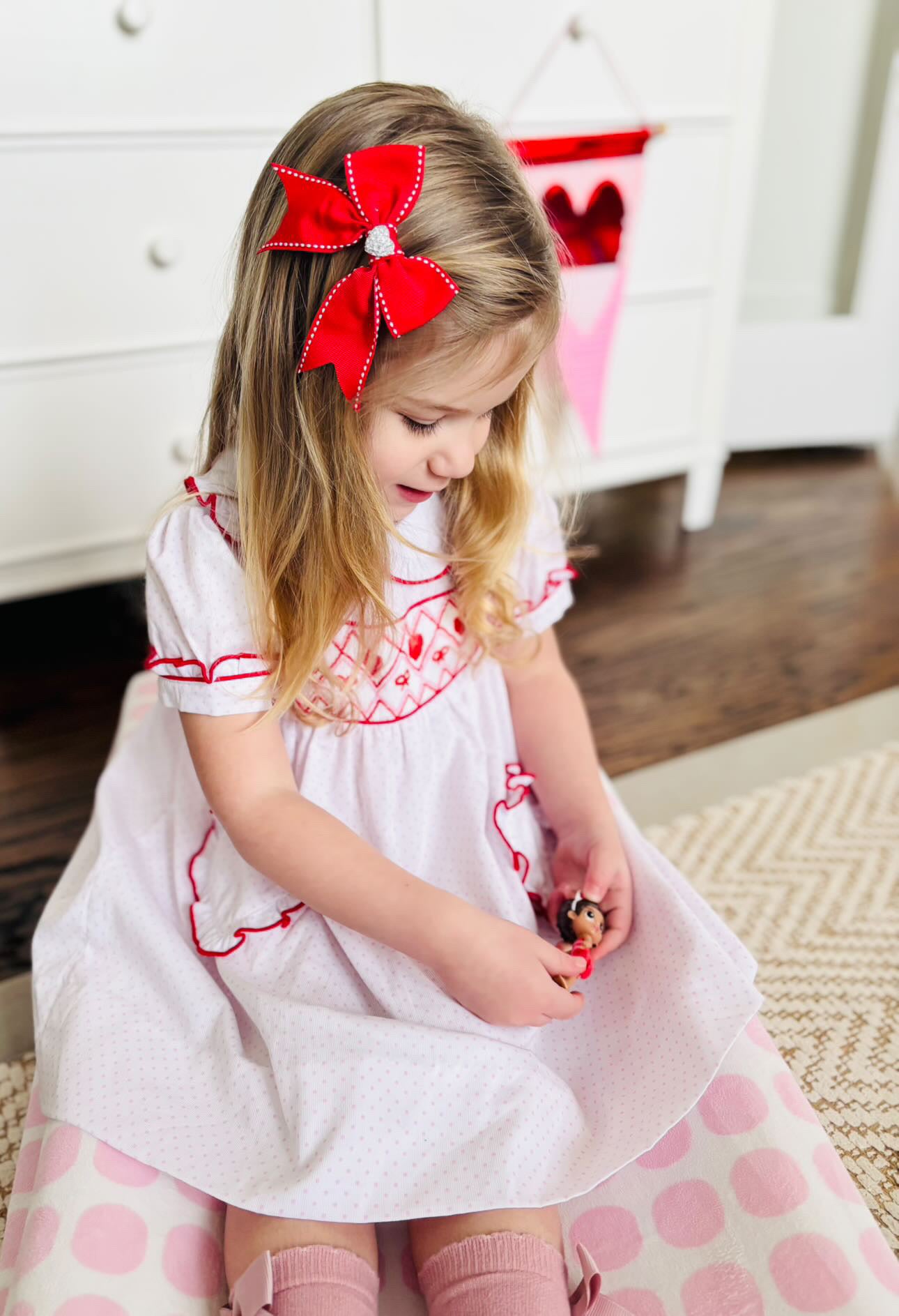 White Handsmocked Heart and Bow Dress