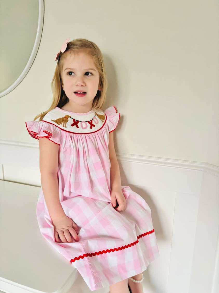 GIRLS SMOCKED DOG XOXO CHECK DRESS-Pink and Red