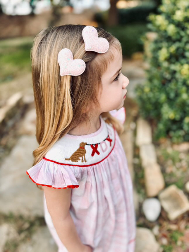 GIRLS SMOCKED DOG XOXO CHECK DRESS-Pink and Red