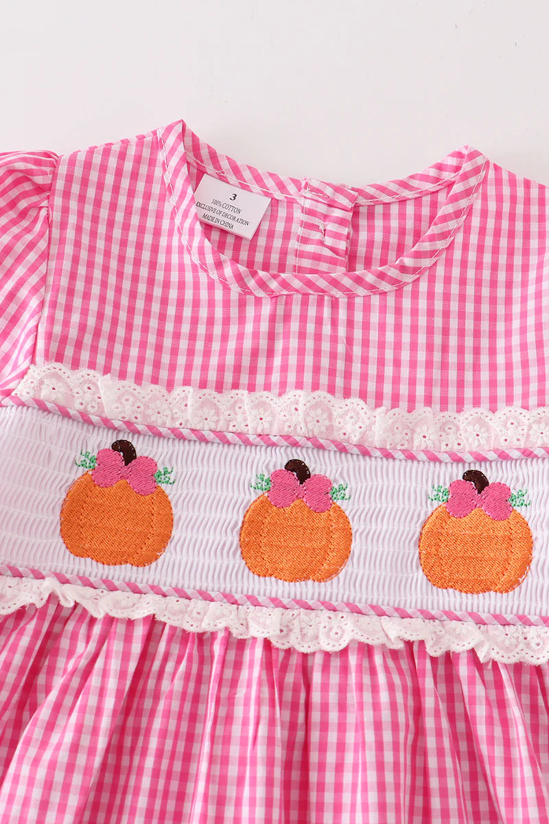 Pink Plaid Pumpkin Smocked Ruffle Dress