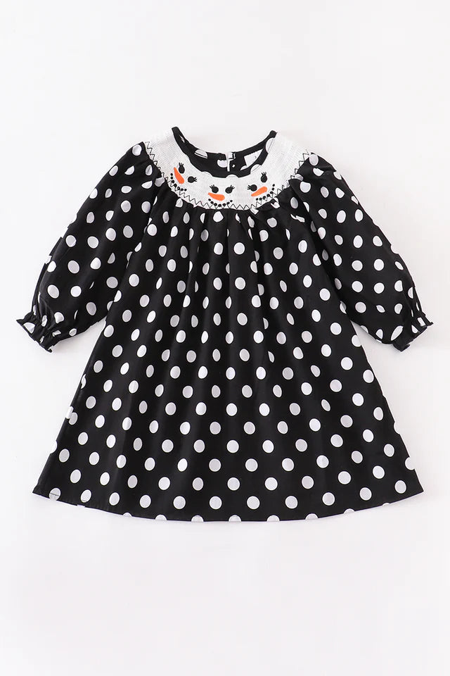 Black white Dot Snowman Smocked Dress