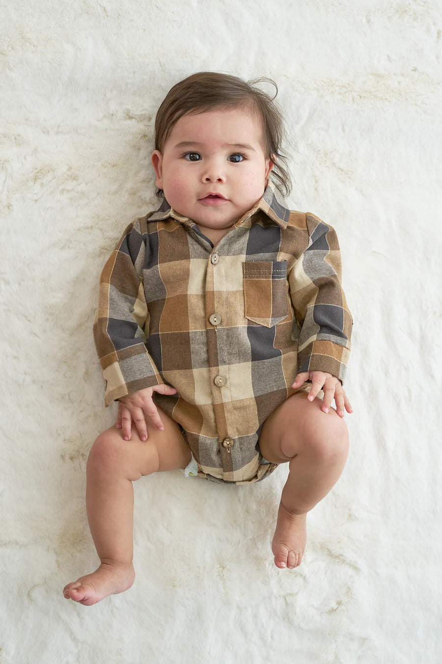Brown Plaid Button Down Boys Onesie Shirt