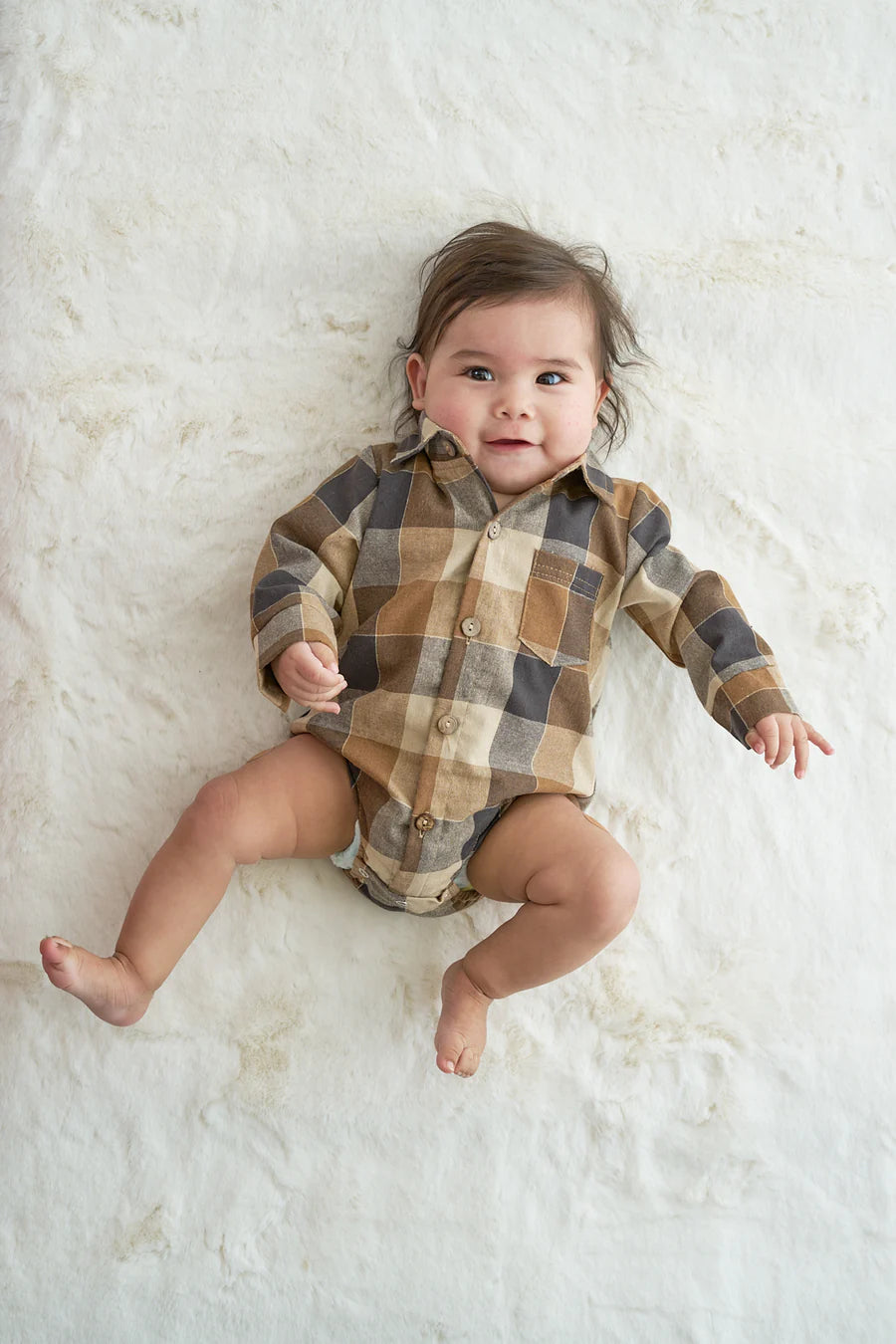 Brown Plaid Button Down Boys Onesie Shirt