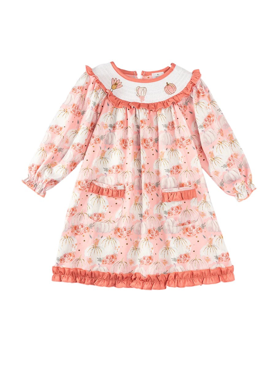 Coral And Pink Pumpkin and Turkey Smocked Dress