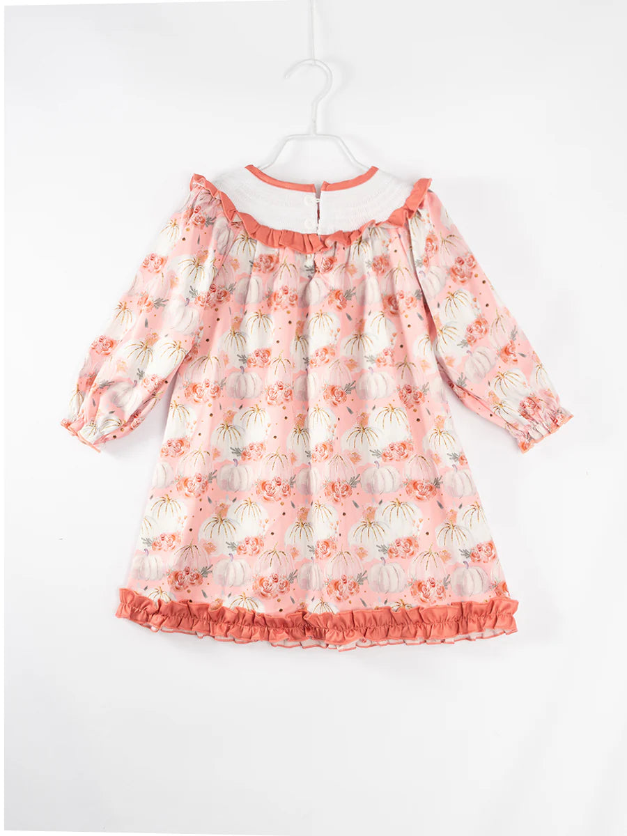 Coral And Pink Pumpkin and Turkey Smocked Dress