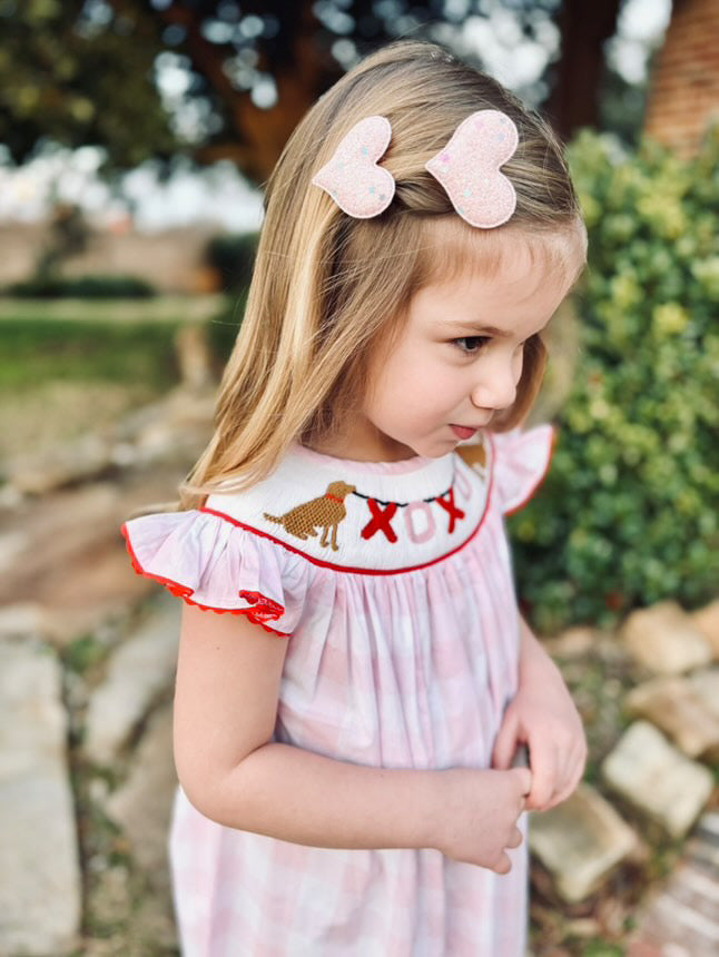 GIRLS SMOCKED DOG XOXO CHECK DRESS-Pink and Red