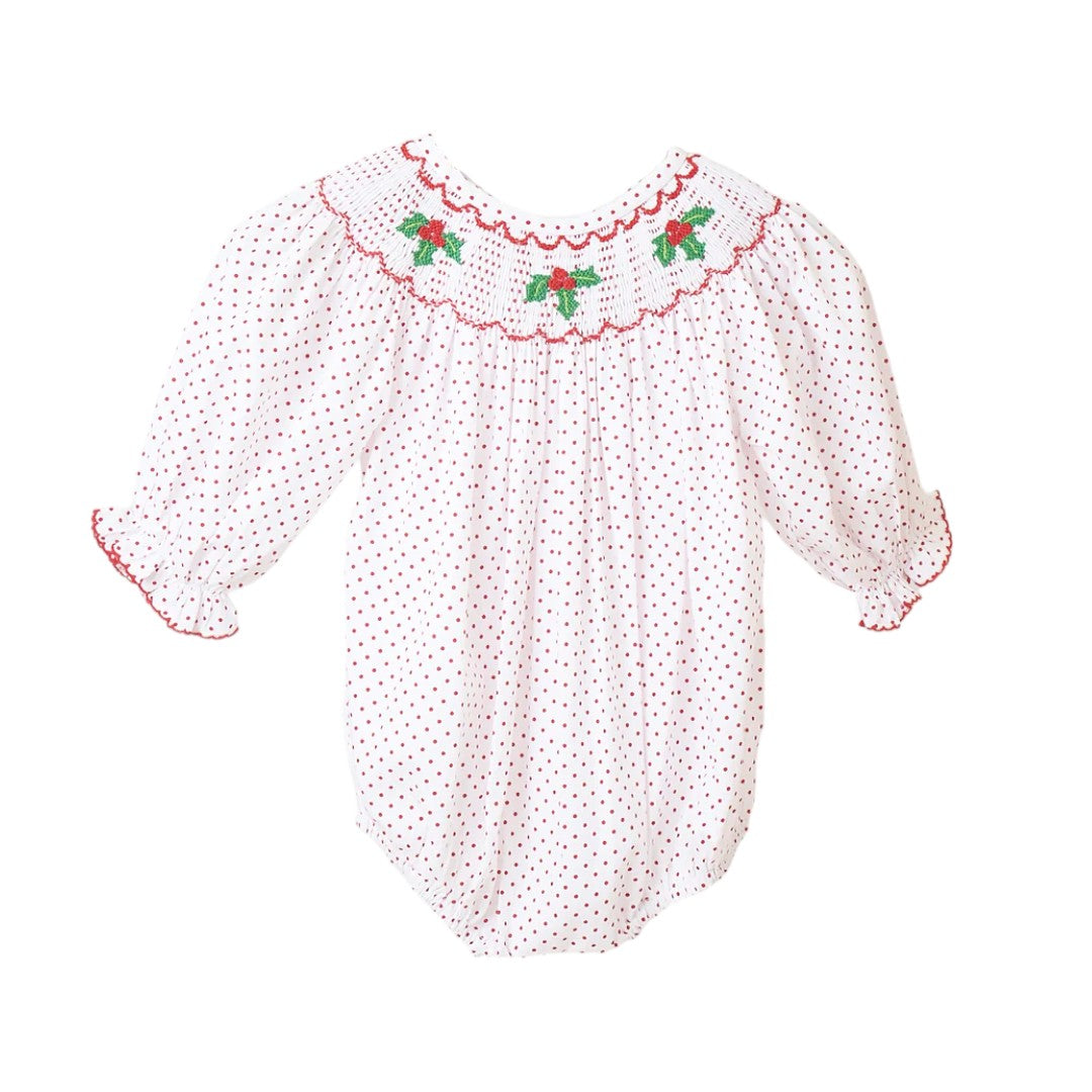 Red christmas bishop hand smocked dot bubble