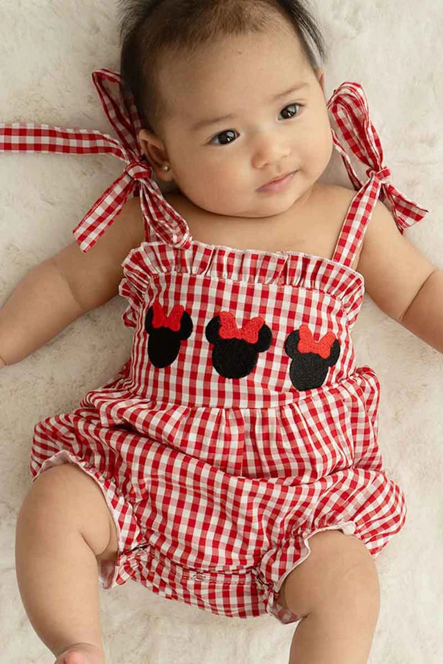 RED GINGHAM WOVEN CHARACTER EMBROIDERY GIRL BUBBLE