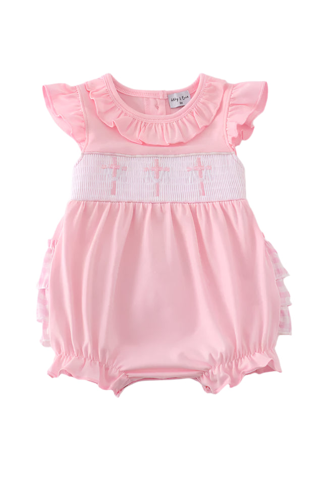 PINK EASTER CROSS EMBROIDERY SMOCKED GIRL BUBBLE
