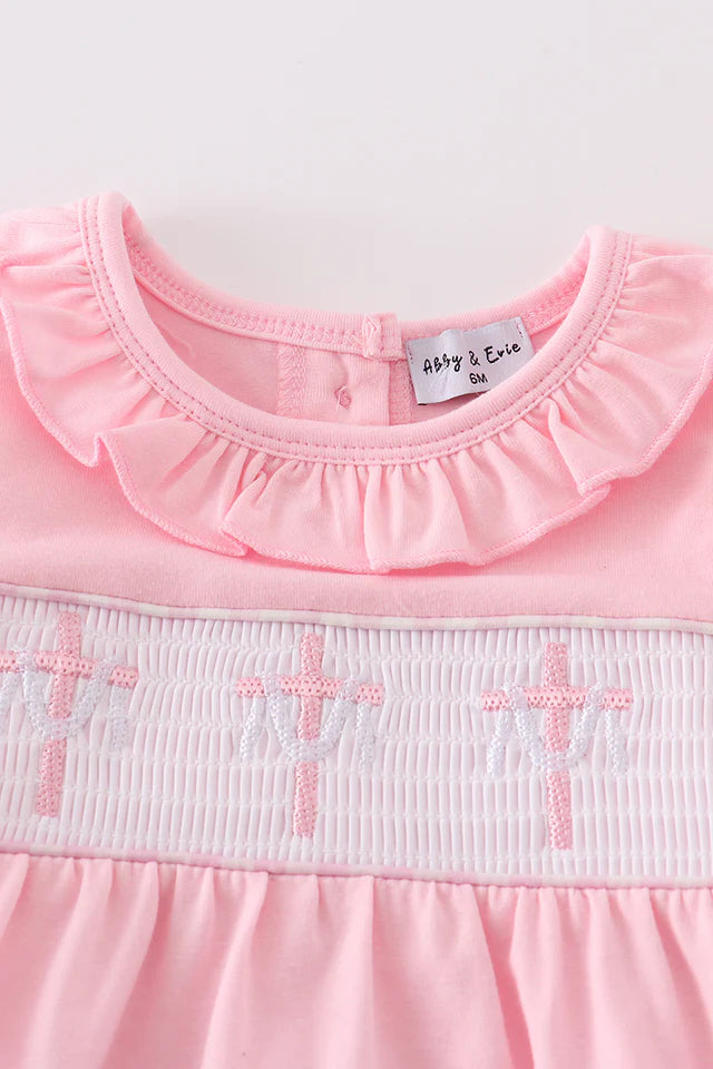 PINK EASTER CROSS EMBROIDERY SMOCKED GIRL BUBBLE