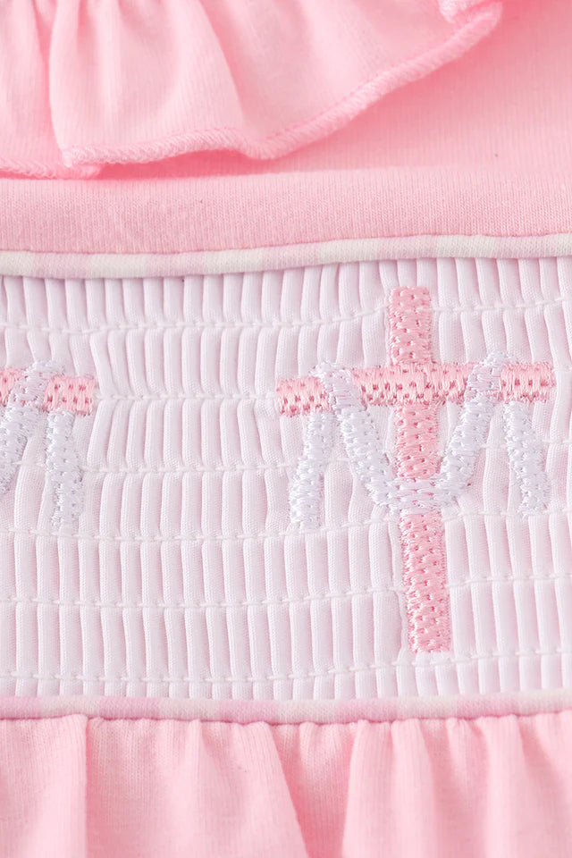 PINK EASTER CROSS EMBROIDERY SMOCKED GIRL BUBBLE
