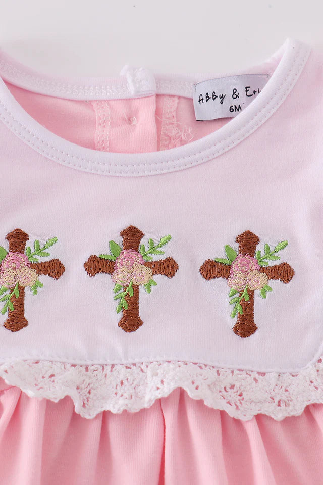 PINK EASTER CROSS EMBROIDERY GIRL BLOOMER SET