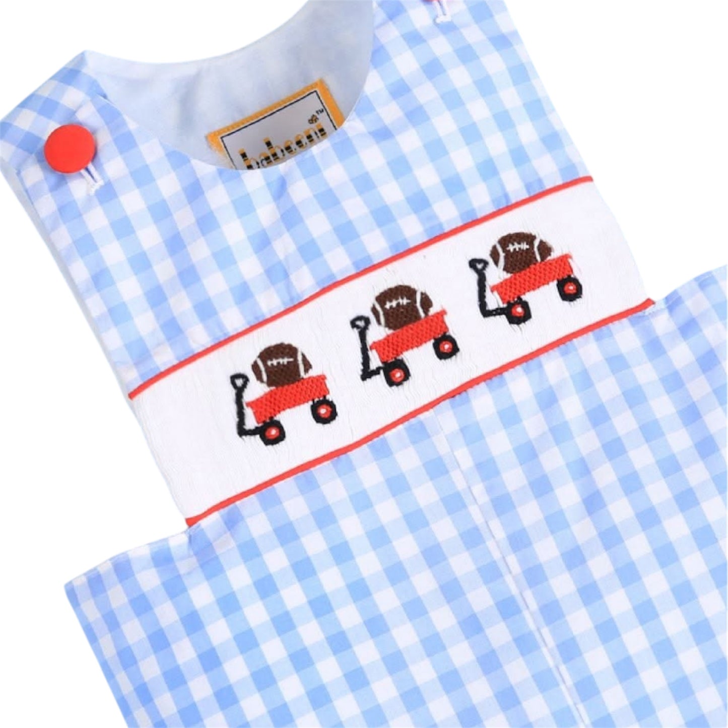 Hand Smocked  football  boy blue check shortall