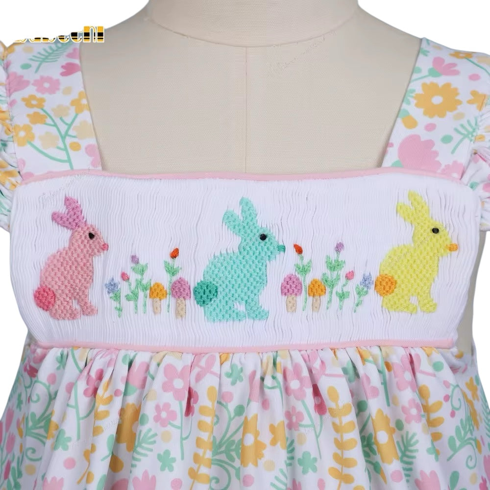 Hand Smocked Easter pattern printed girl ruffle bubble