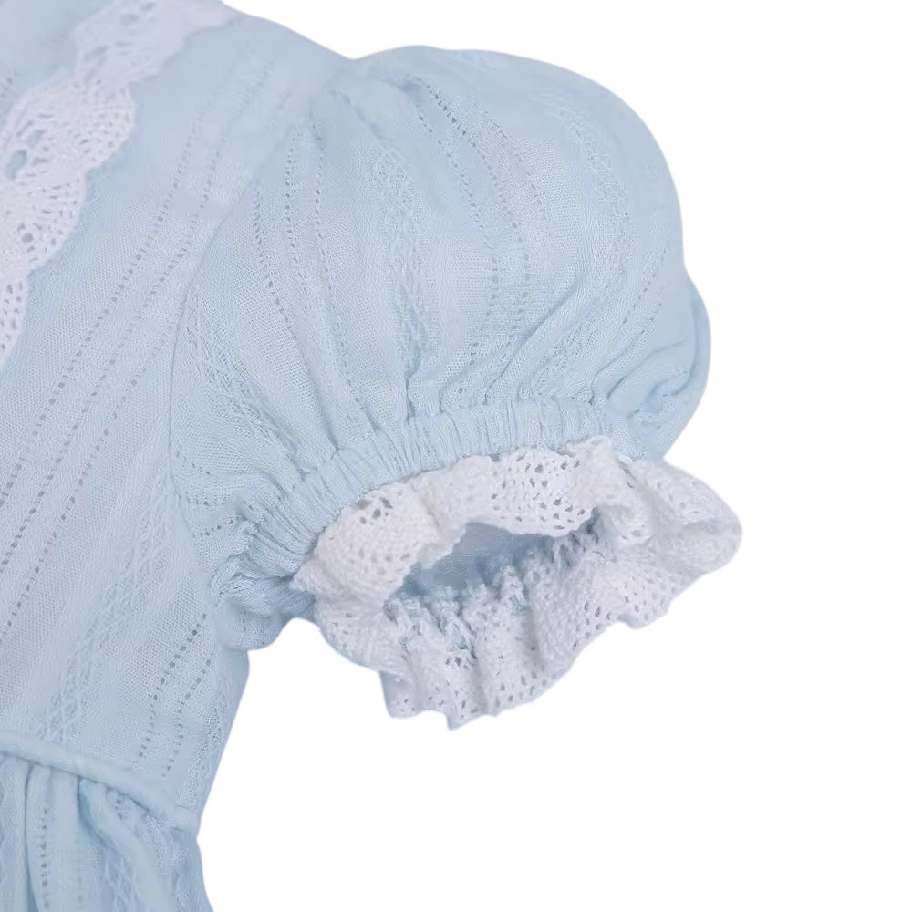 Embroidered rabbit light blue linen girl dress