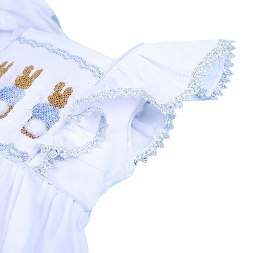 White Handscmocked Ruffle Bunny Dress