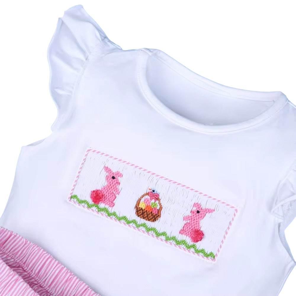 Bunny Girl Handsmocked  Seersucker Short Set