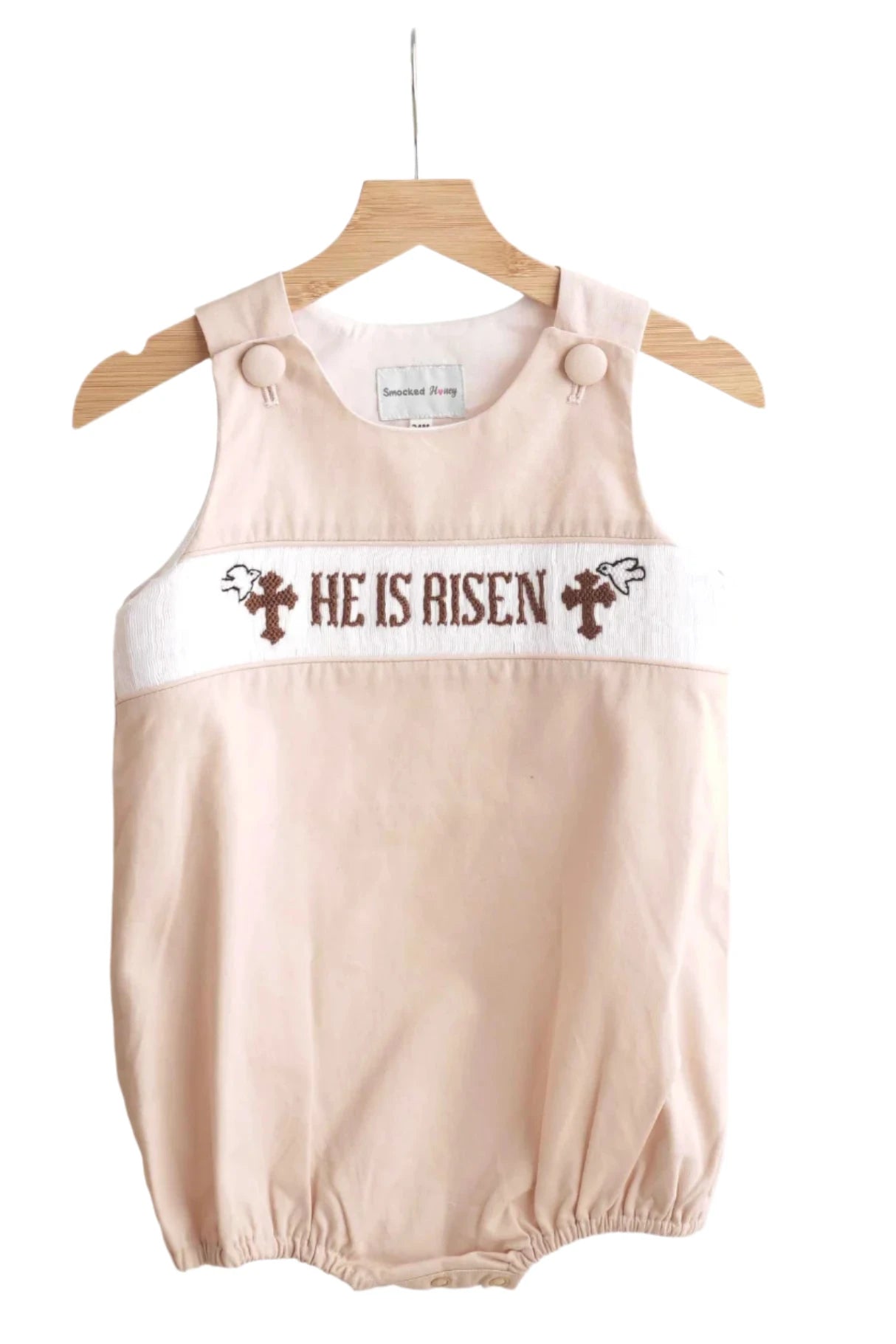 KHAKI HE IS RISEN HAND-SMOCKED BOY BUBBLE