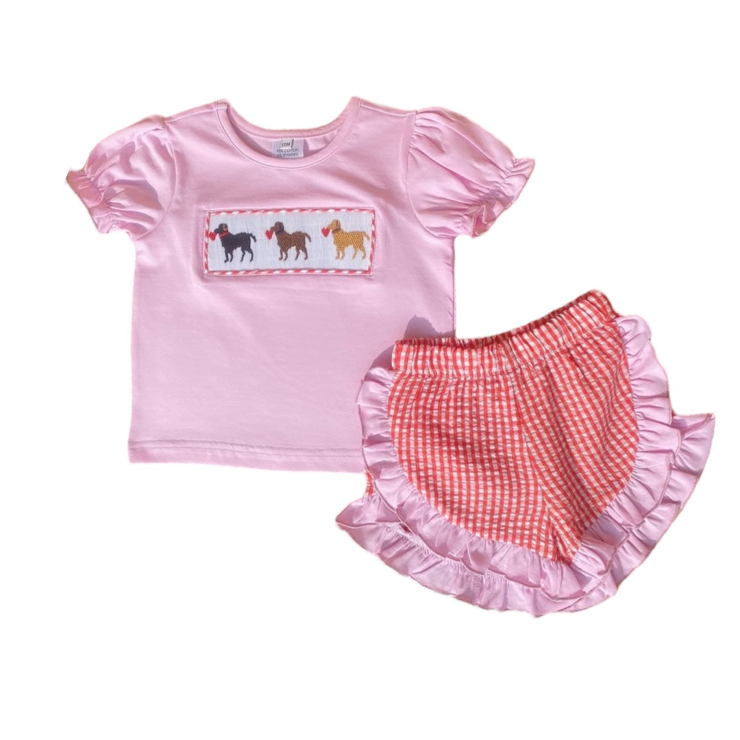 Hand Smocked Valentine Girl Puppy Ruffle Short Set