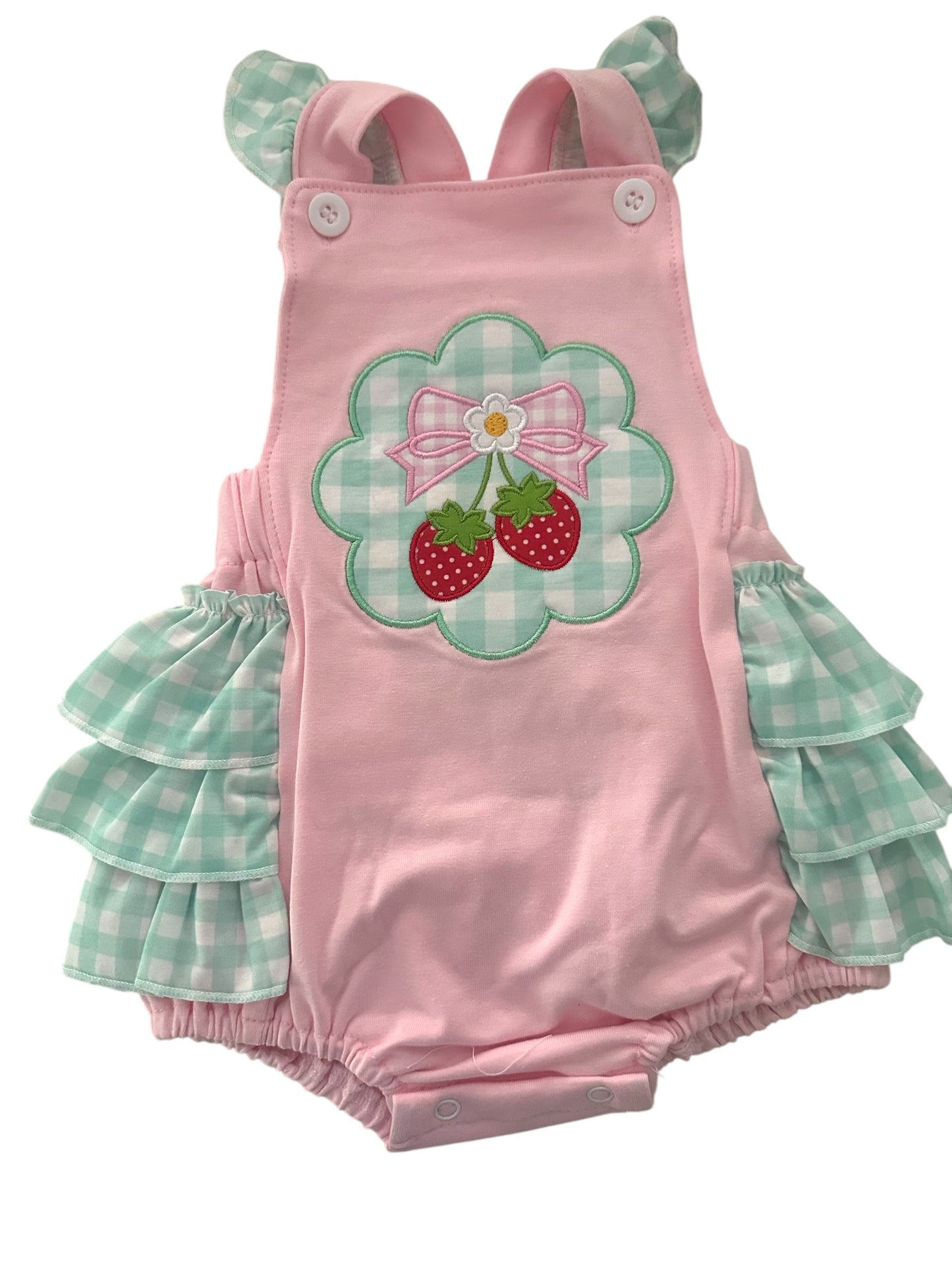 PINK STRAWBERRY APPLIQUE RUFFLE BUBBLE
