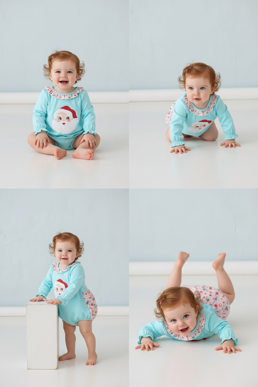 BLUE CHRISTMAS SANTA CLAUS APPLIQUE RUFFLE BUBBLE