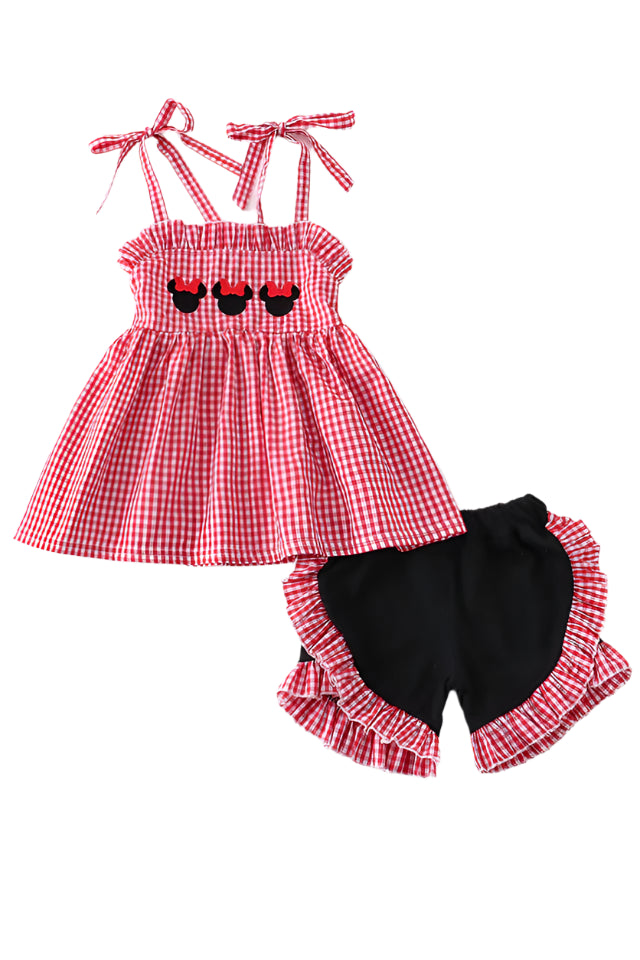 RED GINGHAM WOVEN CHARACTER EMBROIDERY GIRL SET