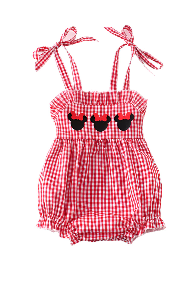 RED GINGHAM WOVEN CHARACTER EMBROIDERY GIRL BUBBLE