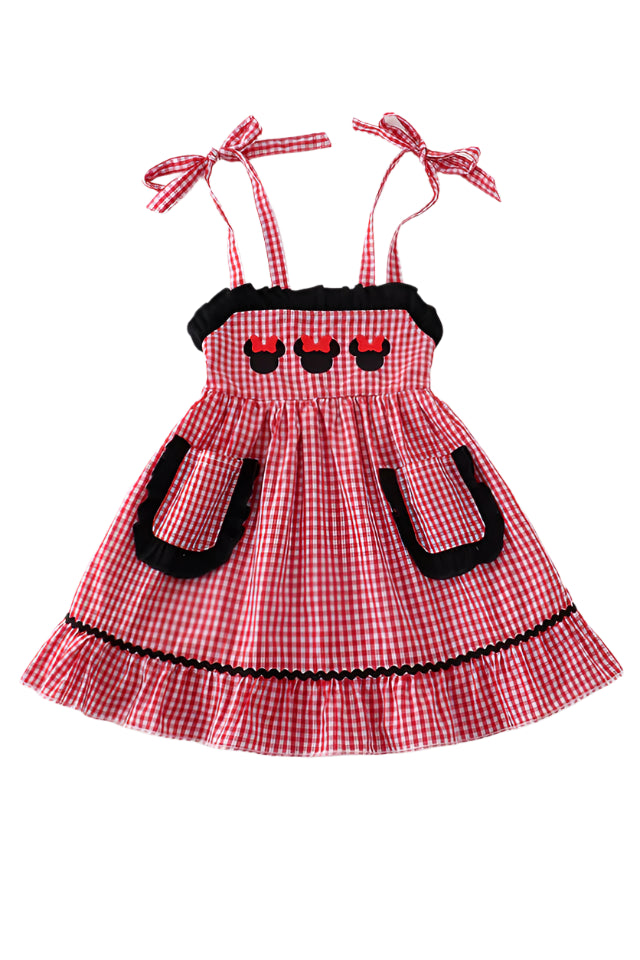 RED GINGHAM WOVEN CHARACTER EMBROIDERY GIRL DRESS