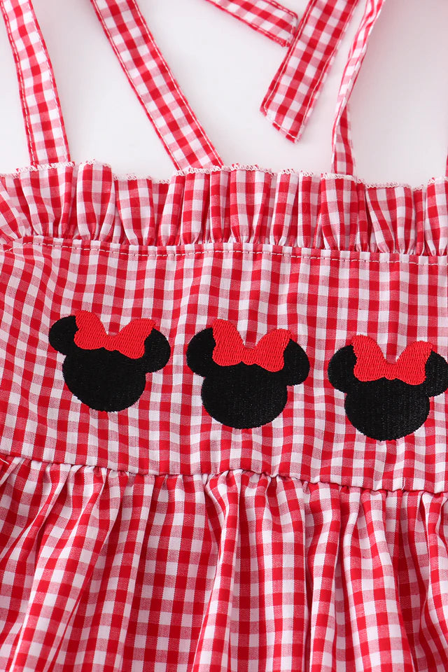 RED GINGHAM WOVEN CHARACTER EMBROIDERY GIRL SET