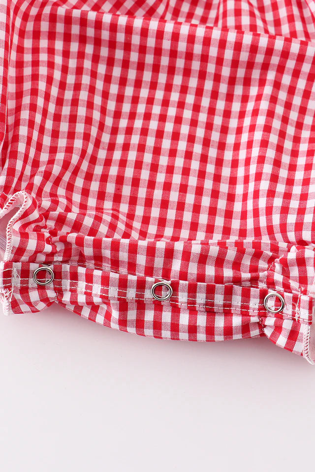 RED GINGHAM WOVEN CHARACTER EMBROIDERY GIRL BUBBLE