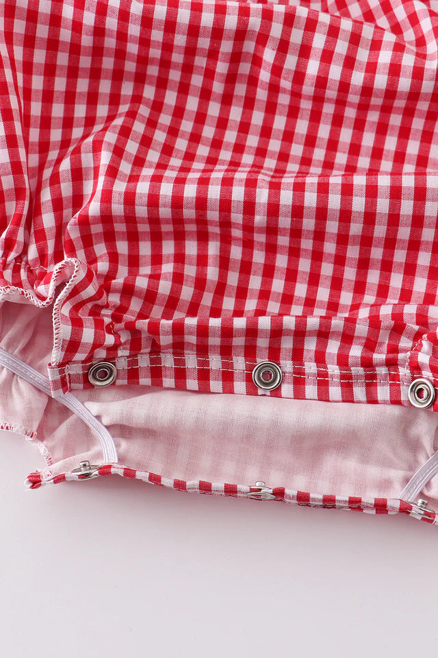RED GINGHAM WOVEN CHARACTER EMBROIDERY GIRL BUBBLE