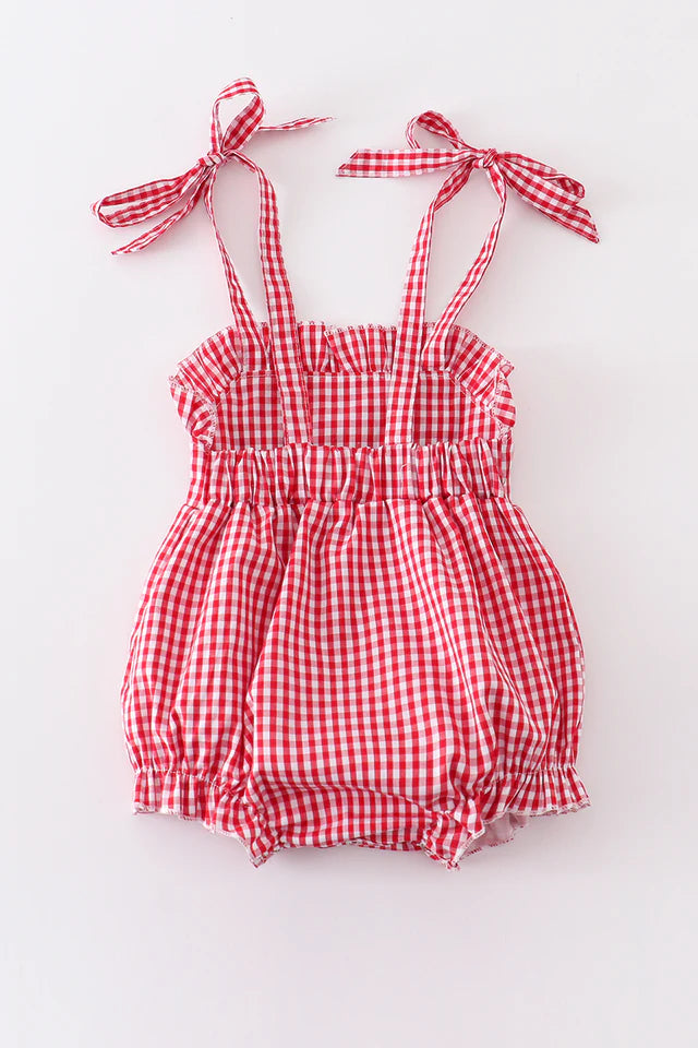 RED GINGHAM WOVEN CHARACTER EMBROIDERY GIRL BUBBLE