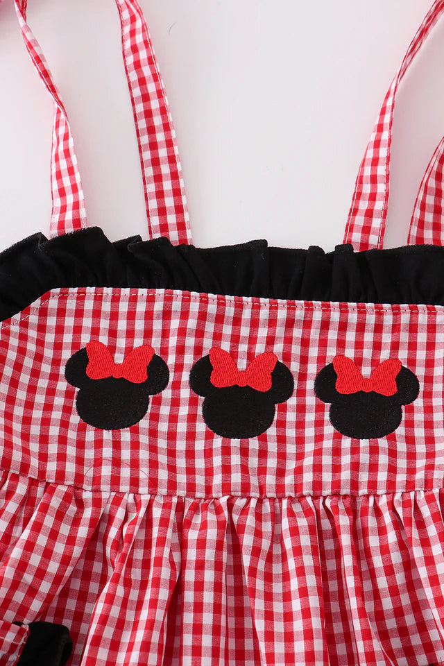 RED GINGHAM WOVEN CHARACTER EMBROIDERY GIRL DRESS