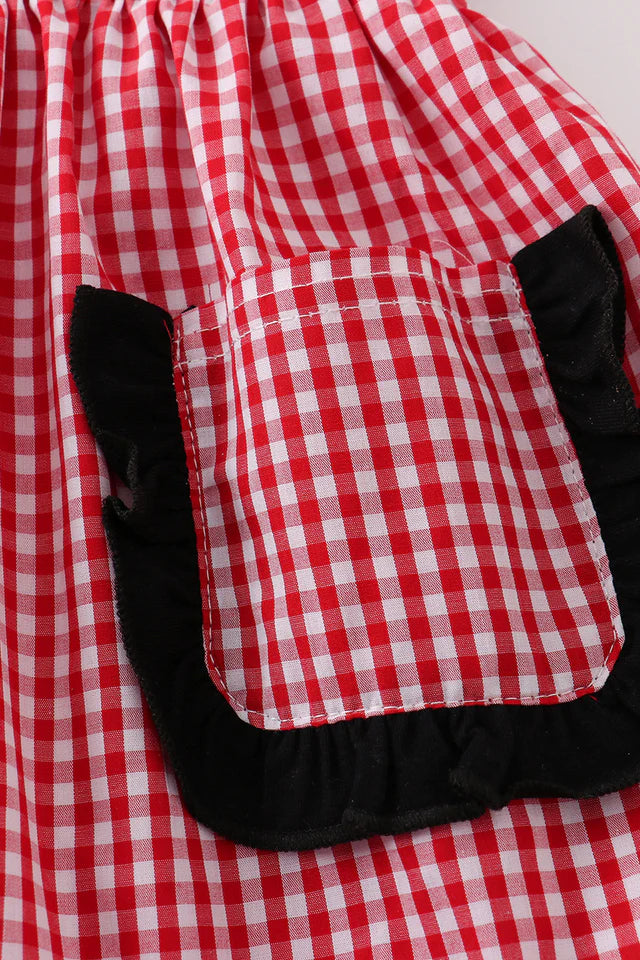 RED GINGHAM WOVEN CHARACTER EMBROIDERY GIRL DRESS