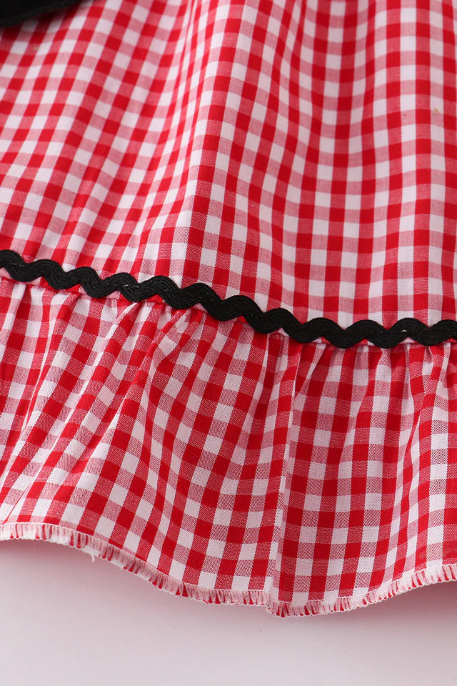 RED GINGHAM WOVEN CHARACTER EMBROIDERY GIRL DRESS