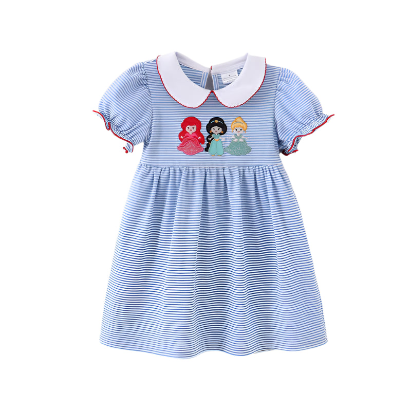 girls princess embroidery blue stripe dress