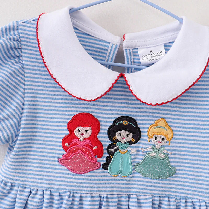 girls princess embroidery blue stripe dress