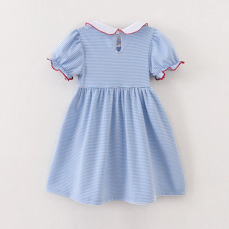 girls princess embroidery blue stripe dress