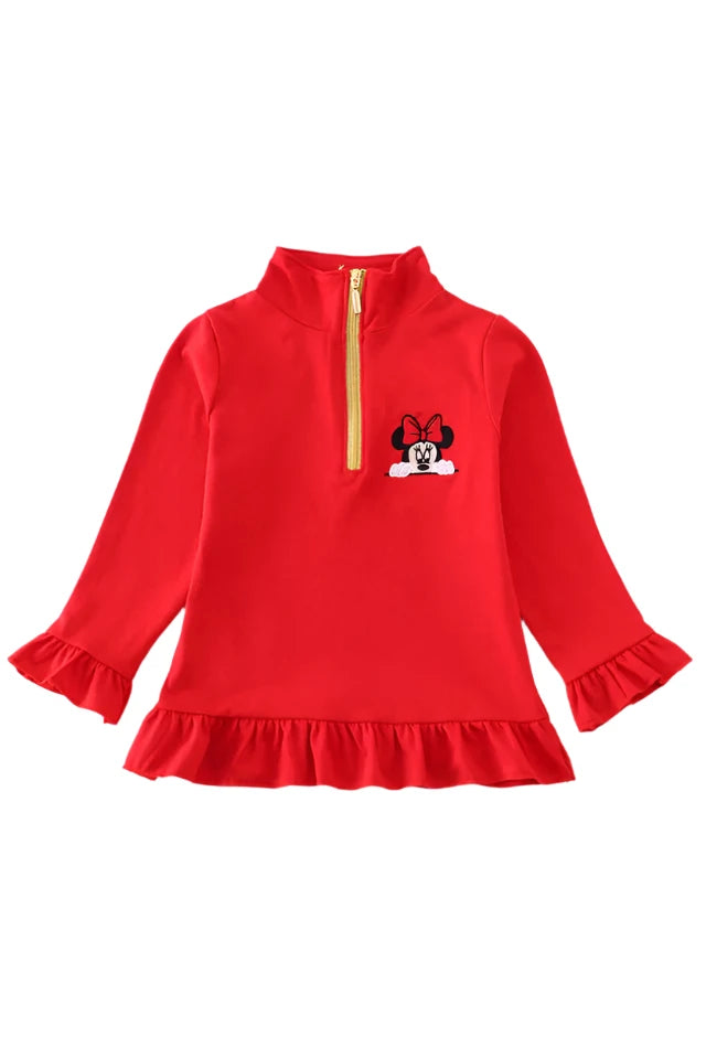 RED CHARACTER EMBROIDERY GIRL ZIPPER PULLOVER