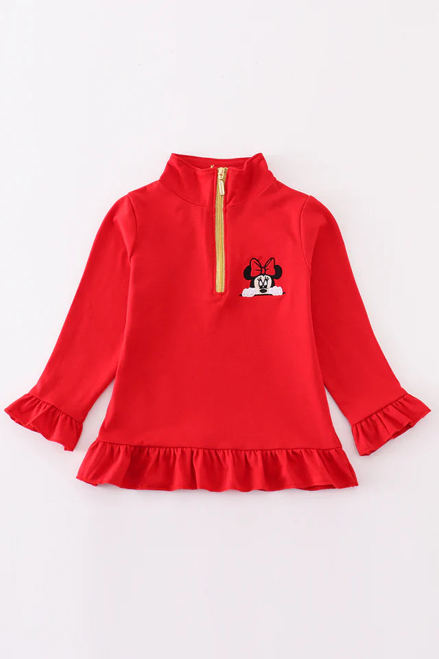 RED CHARACTER EMBROIDERY GIRL ZIPPER PULLOVER