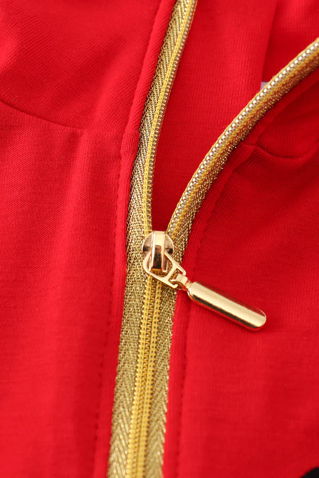 RED CHARACTER EMBROIDERY GIRL ZIPPER PULLOVER