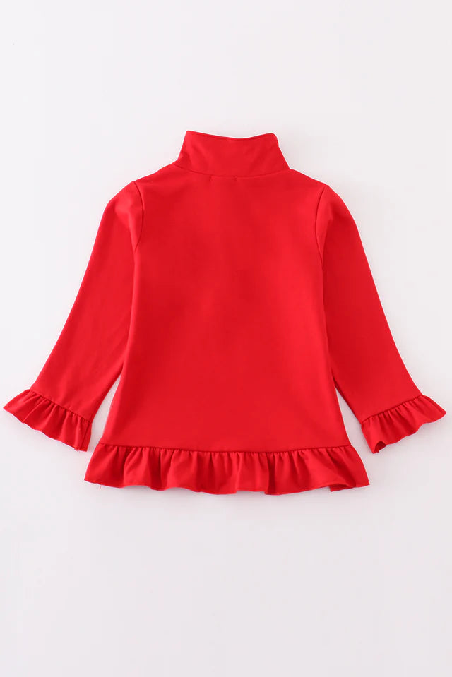 RED CHARACTER EMBROIDERY GIRL ZIPPER PULLOVER