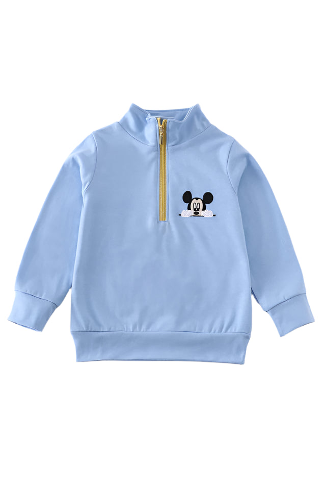 BLUE CHARACTER EMBROIDERY BOY ZIPPER PULLOVER
