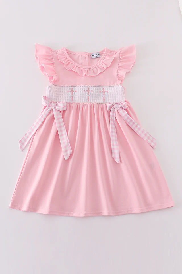 PINK EASTER CROSS EMBROIDERY SMOCKED GIRL DRESS