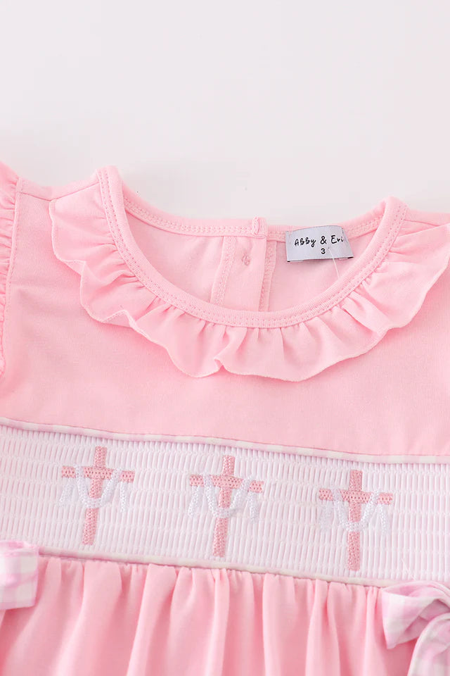 PINK EASTER CROSS EMBROIDERY SMOCKED GIRL DRESS